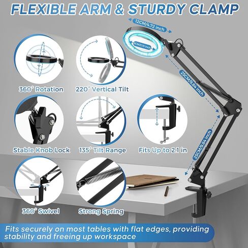 10X Magnifying Glass with Light and Stand,Portable Magnifying Glasses Magnifier with Light, Velvet Bag, 5 Color Modes 2-in-1 LED Desk Magnifier Lamp, Magnify Glasses for Close Work Hobbies in Kuwait
