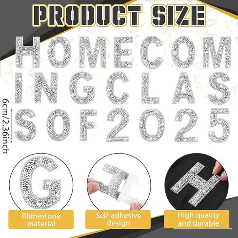 21 Pcs Homecoming Mum Supplies Rhinestone Letter Stickers Homecoming Class of 2025 2.36 Inch Large Letter Bling Glitter Self Adhesive for Back to School Week Party Decor Clothes Fabric(Silver) in Saudi Arabia