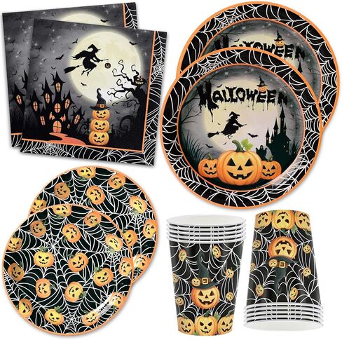 120 PCS Halloween Party Supplies تم تعيينه لـ 24 ضيفًا ، ولوحات متاح ، وأكواب ومناديل ، وفوانيس اليقطين ، والساحرة ، والقلعة والعنك العنكبوت للأطفال والكبار ديكورات الهالوين in Kuwait