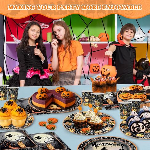 120 PCS Halloween Party Supplies تم تعيينه لـ 24 ضيفًا ، ولوحات متاح ، وأكواب ومناديل ، وفوانيس اليقطين ، والساحرة ، والقلعة والعنك العنكبوت للأطفال والكبار ديكورات الهالوين in Kuwait