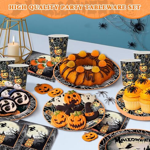 120 PCS Halloween Party Supplies تم تعيينه لـ 24 ضيفًا ، ولوحات متاح ، وأكواب ومناديل ، وفوانيس اليقطين ، والساحرة ، والقلعة والعنك العنكبوت للأطفال والكبار ديكورات الهالوين in Kuwait