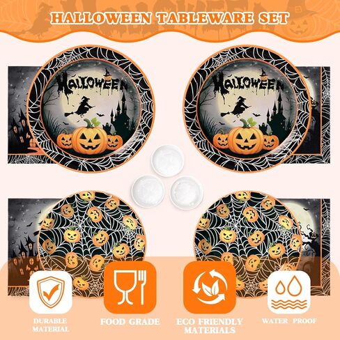 120 PCS Halloween Party Supplies تم تعيينه لـ 24 ضيفًا ، ولوحات متاح ، وأكواب ومناديل ، وفوانيس اليقطين ، والساحرة ، والقلعة والعنك العنكبوت للأطفال والكبار ديكورات الهالوين in Kuwait