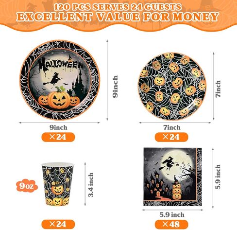 120 PCS Halloween Party Supplies تم تعيينه لـ 24 ضيفًا ، ولوحات متاح ، وأكواب ومناديل ، وفوانيس اليقطين ، والساحرة ، والقلعة والعنك العنكبوت للأطفال والكبار ديكورات الهالوين in Kuwait