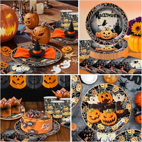 120 PCS Halloween Party Supplies تم تعيينه لـ 24 ضيفًا ، ولوحات متاح ، وأكواب ومناديل ، وفوانيس اليقطين ، والساحرة ، والقلعة والعنك العنكبوت للأطفال والكبار ديكورات الهالوين in Kuwait