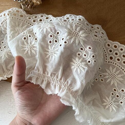 Eyelet Cotton Lace Trim White Embroidery Flower Ruffle Ribbon Pleated Edge Trim for Cuffs Skirt Dress Sewing DIY Material, 196.85 inch Length in Saudi Arabia
