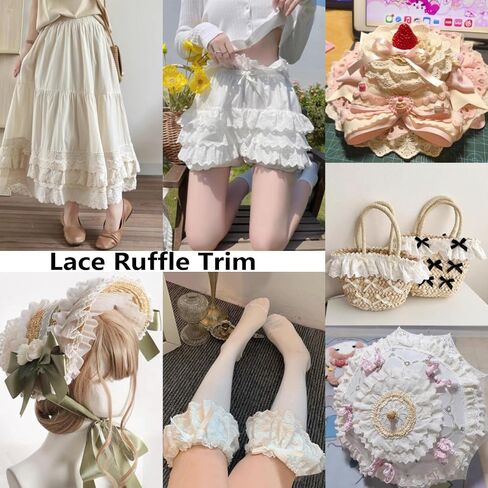 Eyelet Cotton Lace Trim White Embroidery Flower Ruffle Ribbon Pleated Edge Trim for Cuffs Skirt Dress Sewing DIY Material, 196.85 inch Length in Saudi Arabia