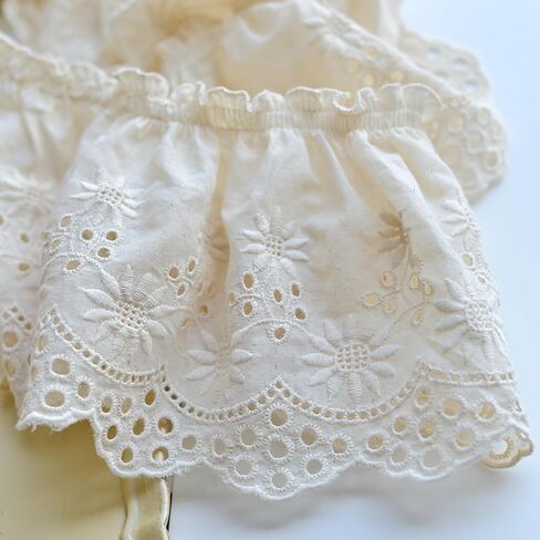 Eyelet Cotton Lace Trim White Embroidery Flower Ruffle Ribbon Pleated Edge Trim for Cuffs Skirt Dress Sewing DIY Material, 196.85 inch Length in Saudi Arabia