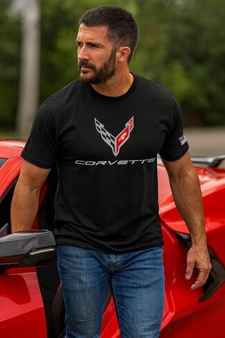 Made in The USA - C8 Corvette Crossed Flags Tee - Officially Licensed Chevrolet T-Shirt in Saudi Arabia