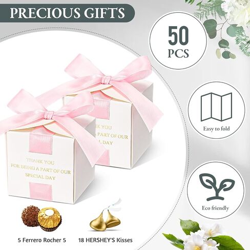 Marspark 50 Pcs Wedding Favor Boxes, 2.5 x 2.5 x 2.5 Inch Wedding Party Candy Boxes with Green Ribbons Bridal Gift for Guests Bridal Shower Birthday Party Anniversary Supplies in Saudi Arabia