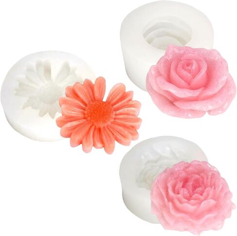 3Pcs Candle Molds for Candle Making, Flower Molds Silicone, Soap Mold, Peony, Rose & Daisy 3D Silicone Molds for DIY Scented Candle, Soy Wax, Soap, Chocolate, Resin Casting Craft Making in Kuwait