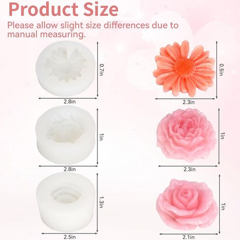 3Pcs Candle Molds for Candle Making, Flower Molds Silicone, Soap Mold, Peony, Rose & Daisy 3D Silicone Molds for DIY Scented Candle, Soy Wax, Soap, Chocolate, Resin Casting Craft Making in Kuwait