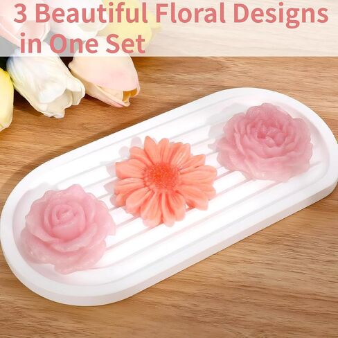 3Pcs Candle Molds for Candle Making, Flower Molds Silicone, Soap Mold, Peony, Rose & Daisy 3D Silicone Molds for DIY Scented Candle, Soy Wax, Soap, Chocolate, Resin Casting Craft Making in Kuwait