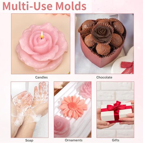 3Pcs Candle Molds for Candle Making, Flower Molds Silicone, Soap Mold, Peony, Rose & Daisy 3D Silicone Molds for DIY Scented Candle, Soy Wax, Soap, Chocolate, Resin Casting Craft Making in Kuwait