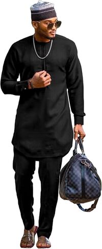 SEA&ALP Men’s 2 Piece Suit Set Casual Long Sleeve Dashiki Shirt and Pants Outfit Loose Simple African Tracksuit in Saudi Arabia