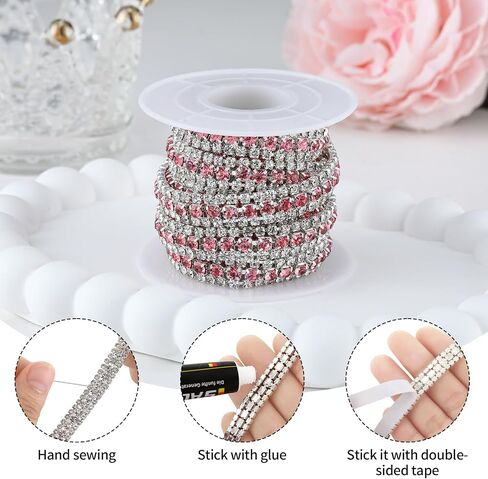3 ياردات 3 صفوف تقليم الراين ، سلسلة Crystal Close للحرف اليدوية ، ملابس باقة الزفاف ، ديكورات DIY (وردي فاتح ، 3 ياردات) in Kuwait