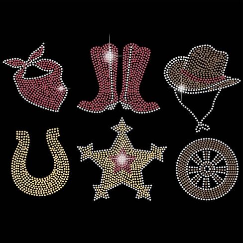 SUPERDANT Cowboy Iron on Rhinestones Transfer Western Cowgirl T-Shirt Crystal Heat Transfer Designs Cowboy Boots Hat Stickers Rhinestone Bling Decals for Clothing Tote Bag DIY Art Craft Gifts 6pcs in Saudi Arabia