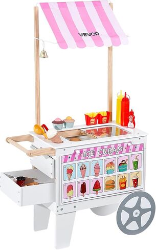 VEVOR Ice Cream Cart for Kids, 20+ PCS Accessories, Pretend Play Ice Cream Shop Kitchen Food Toys with Ice Cream Cone & Popsicle, Awning & Freezer, Storage Drawers & Flipping Menus, for Kids Aged 3-7 in Saudi Arabia