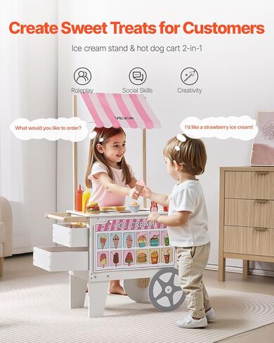 VEVOR Ice Cream Cart for Kids, 20+ PCS Accessories, Pretend Play Ice Cream Shop Kitchen Food Toys with Ice Cream Cone & Popsicle, Awning & Freezer, Storage Drawers & Flipping Menus, for Kids Aged 3-7 in Saudi Arabia