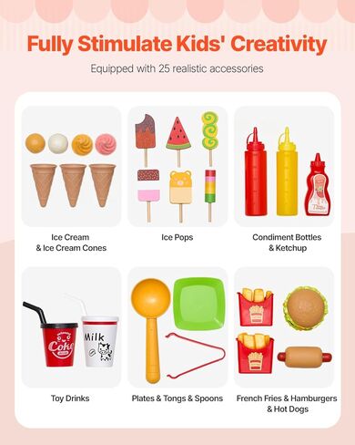 VEVOR Ice Cream Cart for Kids, 20+ PCS Accessories, Pretend Play Ice Cream Shop Kitchen Food Toys with Ice Cream Cone & Popsicle, Awning & Freezer, Storage Drawers & Flipping Menus, for Kids Aged 3-7 in Saudi Arabia