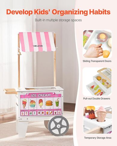 VEVOR Ice Cream Cart for Kids, 20+ PCS Accessories, Pretend Play Ice Cream Shop Kitchen Food Toys with Ice Cream Cone & Popsicle, Awning & Freezer, Storage Drawers & Flipping Menus, for Kids Aged 3-7 in Saudi Arabia