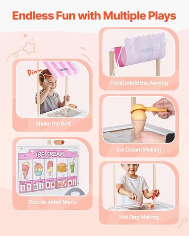 VEVOR Ice Cream Cart for Kids, 20+ PCS Accessories, Pretend Play Ice Cream Shop Kitchen Food Toys with Ice Cream Cone & Popsicle, Awning & Freezer, Storage Drawers & Flipping Menus, for Kids Aged 3-7 in Saudi Arabia