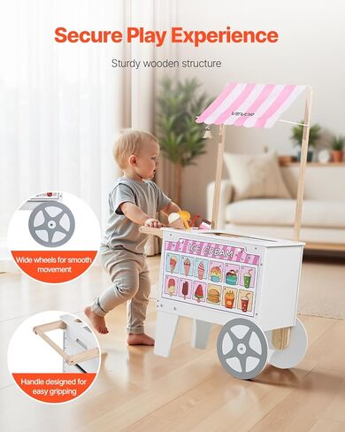 VEVOR Ice Cream Cart for Kids, 20+ PCS Accessories, Pretend Play Ice Cream Shop Kitchen Food Toys with Ice Cream Cone & Popsicle, Awning & Freezer, Storage Drawers & Flipping Menus, for Kids Aged 3-7 in Saudi Arabia