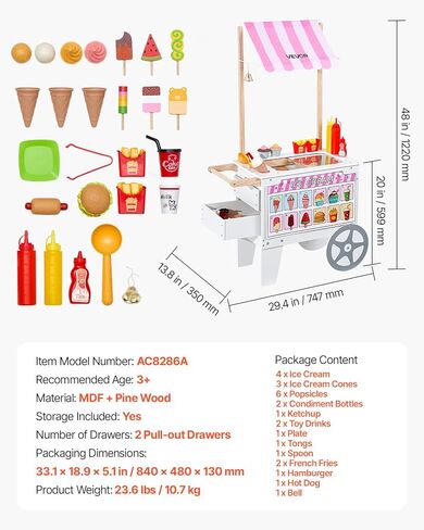 VEVOR Ice Cream Cart for Kids, 20+ PCS Accessories, Pretend Play Ice Cream Shop Kitchen Food Toys with Ice Cream Cone & Popsicle, Awning & Freezer, Storage Drawers & Flipping Menus, for Kids Aged 3-7 in Saudi Arabia