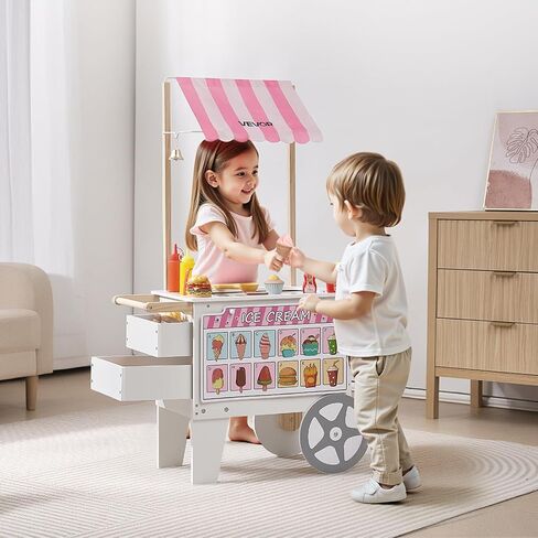 VEVOR Ice Cream Cart for Kids, 20+ PCS Accessories, Pretend Play Ice Cream Shop Kitchen Food Toys with Ice Cream Cone & Popsicle, Awning & Freezer, Storage Drawers & Flipping Menus, for Kids Aged 3-7 in Saudi Arabia