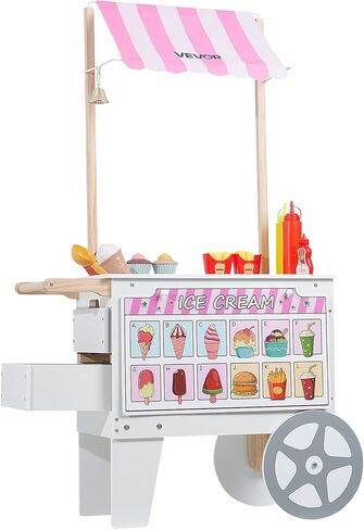 VEVOR Ice Cream Cart for Kids, 20+ PCS Accessories, Pretend Play Ice Cream Shop Kitchen Food Toys with Ice Cream Cone & Popsicle, Awning & Freezer, Storage Drawers & Flipping Menus, for Kids Aged 3-7 in Saudi Arabia
