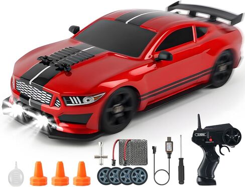 SANCO 1:16 RC DRIFT CAR مع مصابيح LED والرش ، سيارة التحكم عن بُعد 2.4 جيجا هرتز ، تشمل بطاريتين ومجموعتين من الإطارات للسباق والانجراف ، لعبة الهواية الكهربائية للبالغين والأولاد والأطفال (الأحمر) in Kuwait