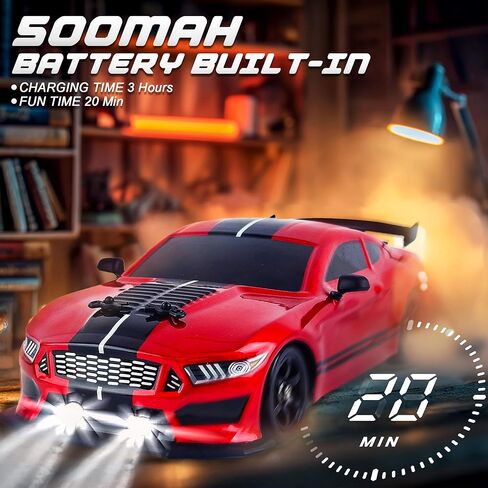 SANCO 1:16 RC DRIFT CAR مع مصابيح LED والرش ، سيارة التحكم عن بُعد 2.4 جيجا هرتز ، تشمل بطاريتين ومجموعتين من الإطارات للسباق والانجراف ، لعبة الهواية الكهربائية للبالغين والأولاد والأطفال (الأحمر) in Kuwait
