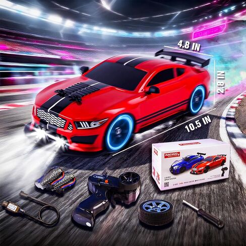 SANCO 1:16 RC DRIFT CAR مع مصابيح LED والرش ، سيارة التحكم عن بُعد 2.4 جيجا هرتز ، تشمل بطاريتين ومجموعتين من الإطارات للسباق والانجراف ، لعبة الهواية الكهربائية للبالغين والأولاد والأطفال (الأحمر) in Kuwait