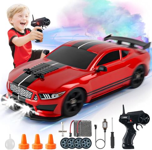 SANCO 1:16 RC DRIFT CAR مع مصابيح LED والرش ، سيارة التحكم عن بُعد 2.4 جيجا هرتز ، تشمل بطاريتين ومجموعتين من الإطارات للسباق والانجراف ، لعبة الهواية الكهربائية للبالغين والأولاد والأطفال (الأحمر) in Kuwait