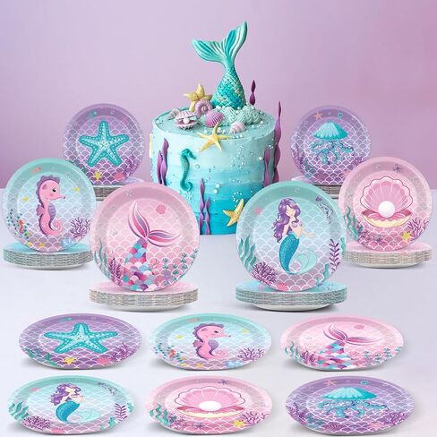 72PCS Mermaid Party Plates Under the Sea Birthday Supplies 7Inch Marine Sea Animals Tableware Ocean Plates Disposable Paper Plate Dessert Plates for Boy Girl Kid Baby Shower Decoration Favor in Saudi Arabia