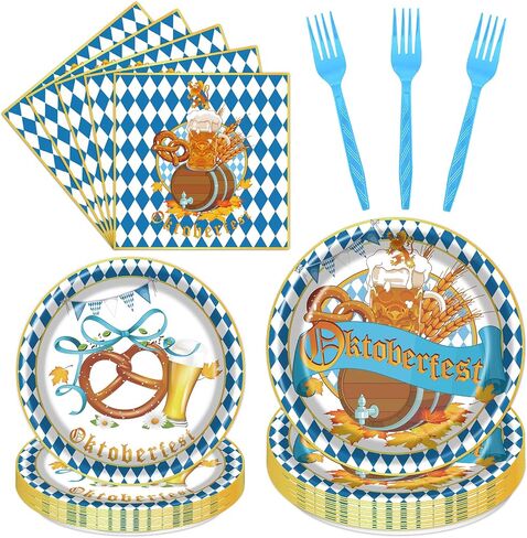Oktoberfest Party Tableware Decorations - 96PCS Oktoberfest Disposable Paper Plates Decorations German Bavarian Beer Theme Napkins and Forks Decor Supplies Serve 24 in Kuwait