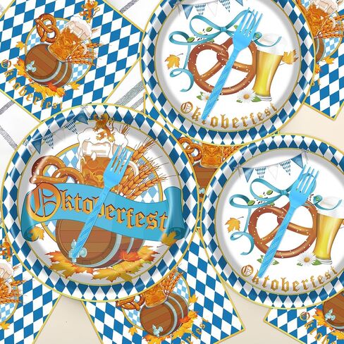 Oktoberfest Party Tableware Decorations - 96PCS Oktoberfest Disposable Paper Plates Decorations German Bavarian Beer Theme Napkins and Forks Decor Supplies Serve 24 in Kuwait