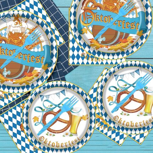 Oktoberfest Party Tableware Decorations - 96PCS Oktoberfest Disposable Paper Plates Decorations German Bavarian Beer Theme Napkins and Forks Decor Supplies Serve 24 in Kuwait