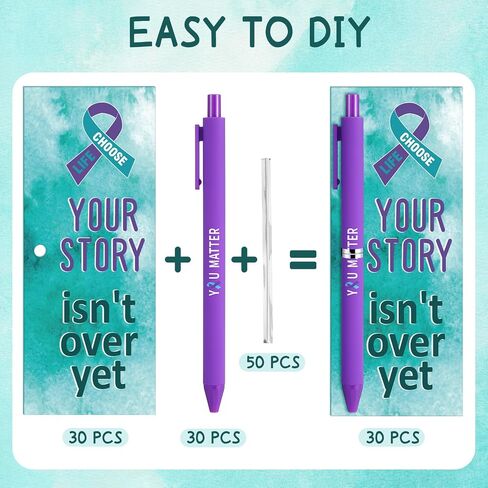 30 Pack Suicide Prevention Awareness Pens with Cards Set Purple Teal Ribbon You Matter Text Black Ink Retractable Pens for World Suicide Prevention Day Awareness Items Charity Activity in Saudi Arabia