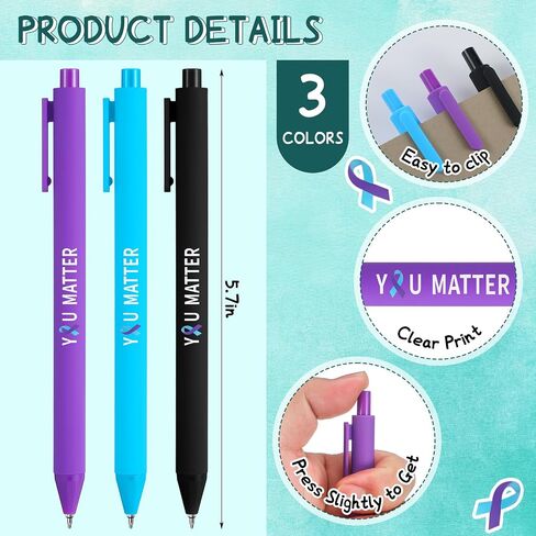 30 Pack Suicide Prevention Awareness Pens with Cards Set Purple Teal Ribbon You Matter Text Black Ink Retractable Pens for World Suicide Prevention Day Awareness Items Charity Activity in Saudi Arabia