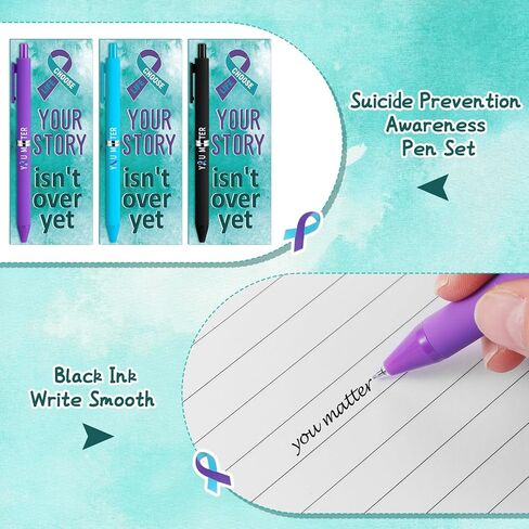 30 Pack Suicide Prevention Awareness Pens with Cards Set Purple Teal Ribbon You Matter Text Black Ink Retractable Pens for World Suicide Prevention Day Awareness Items Charity Activity in Saudi Arabia