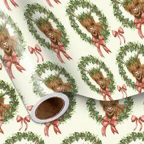 Lezakaa Christmas Rapping Paper Roll ، Highland Cow in Holiday Wreath Bow Design Green Design ، Flug Rustic Gift Wrap for Christmas Farmhouse Holiday ، for Family Friends Kids ، Mini Roll 17 in x 16.4 ft in Kuwait