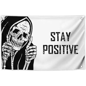 3x5 Feet Funny Flag "Stay Positive" with Four Brass Grommets - Vintage Skull Wall Decor for Home - Retro Halloween Decoration for Bedroom - Cool Wall Flags for College Dorm or Office in Saudi Arabia