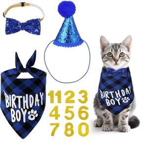 Cat Birthday Party Supplies, Cat Birthday Hat with Number, Bandana, Bow Tie, Cats Apparel Outfits for Birthdays Decorations （Blue） in Saudi Arabia