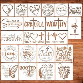 21pcs Stencils لطلاء الإستنسل المسيحية للحرف اليدوية القابلة لإعادة الاستخدام القابلة لإعادة الاستخدام قالب آية الكتاب المقدس الرسم على الحائط الخشب علامة الصخور القماش ديكور المنزل DIY in Kuwait