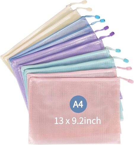 Multibey 10 Pack Mesh Mesh Zipper Bags -A4 Size مقاومة للماء أكياس منظم أكياس متينة لتخزين ألعاب اللوحة ، المستندات واللوازم ، سحاب البلاستيك 5 ألوان الباستيل in Kuwait