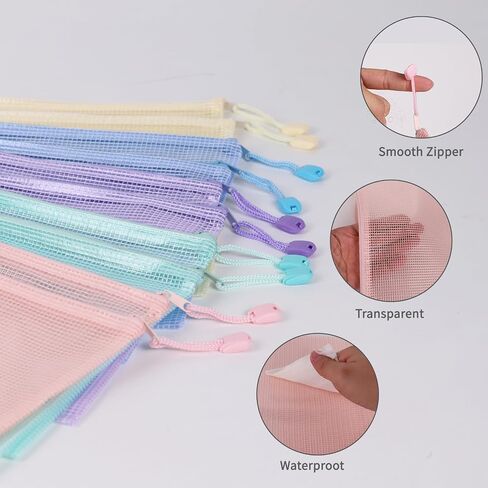 Multibey 10 Pack Mesh Mesh Zipper Bags -A4 Size مقاومة للماء أكياس منظم أكياس متينة لتخزين ألعاب اللوحة ، المستندات واللوازم ، سحاب البلاستيك 5 ألوان الباستيل in Kuwait