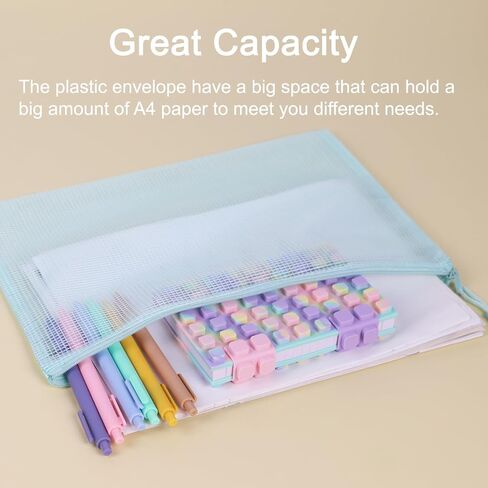 Multibey 10 Pack Mesh Mesh Zipper Bags -A4 Size مقاومة للماء أكياس منظم أكياس متينة لتخزين ألعاب اللوحة ، المستندات واللوازم ، سحاب البلاستيك 5 ألوان الباستيل in Kuwait