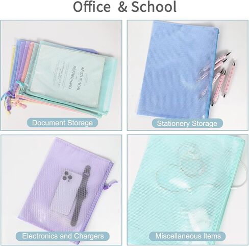 Multibey 10 Pack Mesh Mesh Zipper Bags -A4 Size مقاومة للماء أكياس منظم أكياس متينة لتخزين ألعاب اللوحة ، المستندات واللوازم ، سحاب البلاستيك 5 ألوان الباستيل in Kuwait