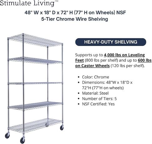 48 "x18" x72 "برايم رفوف الأسلاك ذات السلك الثقيلة ذات الدقة 5 من NSF 4000 رطل كحد أقصى رف تخزين سعة كحد أقصى للاستخدامات التجارية والمدرسة والمنزل والمرآب والمستودعات والصناعية والمستشفيات (مع عجلات) in Saudi Arabia