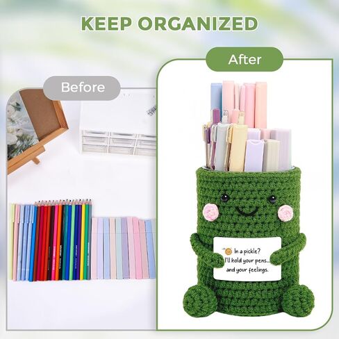 Skydue Crocheted Pen & Pencil Holder مع بطاقة ملهمة - منظم مكتب مصنوع يدويًا للمكتب والمدرسة والمنزل - كوب ديكور مكتب وظيفي in Saudi Arabia